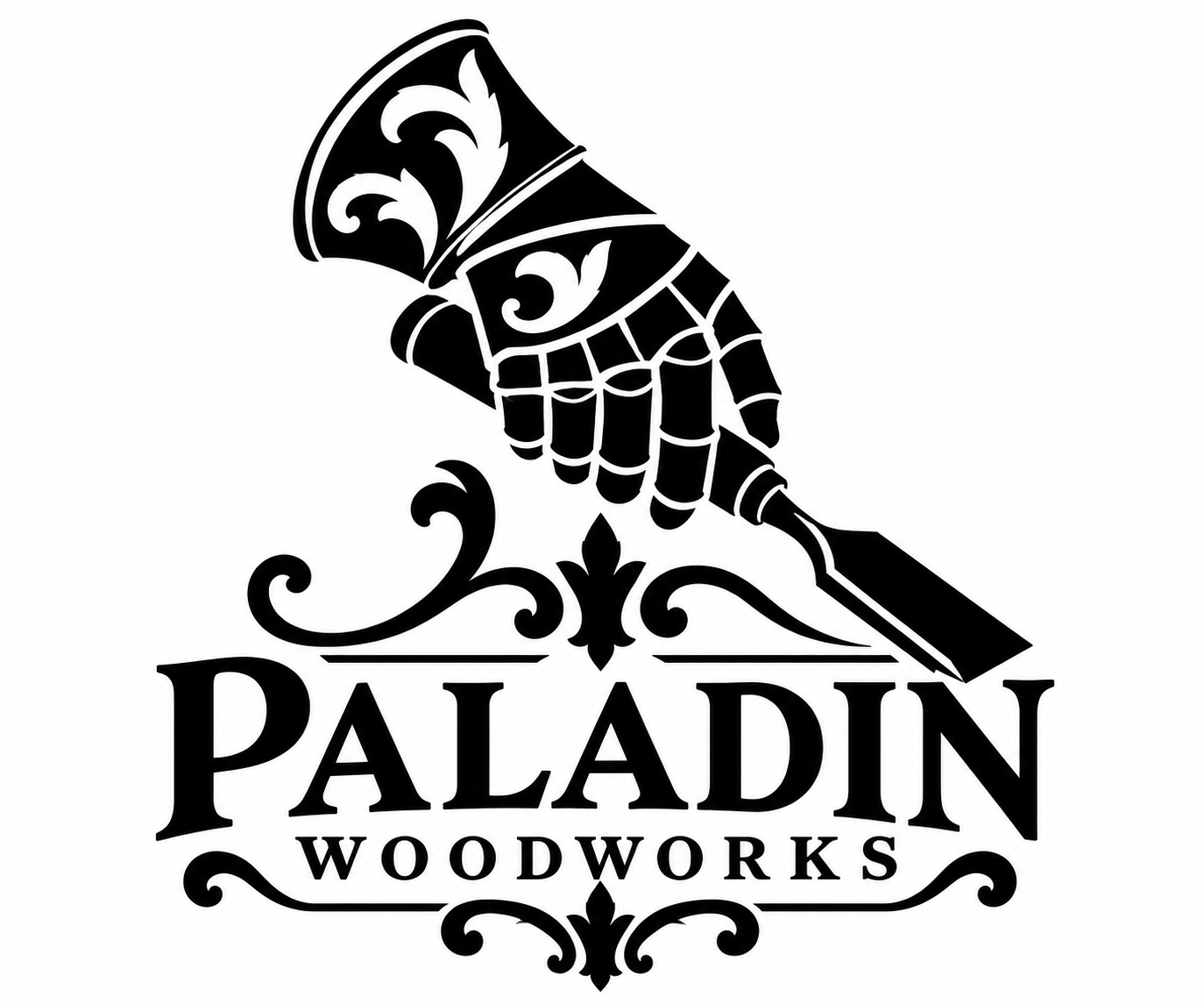 Paladin Woodworks: ornate armored gauntlet holding a woodworking chisel